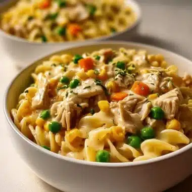 Quick chicken pot pie pasta served in a bowl with fresh herbs