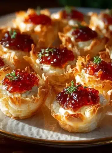 Creamy pepper jelly dip served as a delicious appetizer with crackers