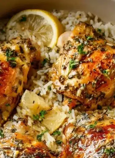 Delicious slow cooker lemon herb chicken served with fluffy rice