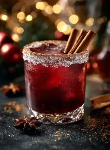 Spiced Christmas Margarita with festive garnishes and colorful decor