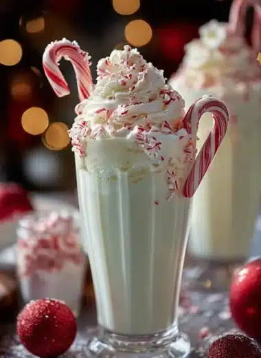 Festive peppermint float topped with whipped cream and candy canes