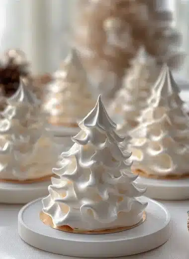 Festive tree-shaped meringue cookies decorated for the holidays